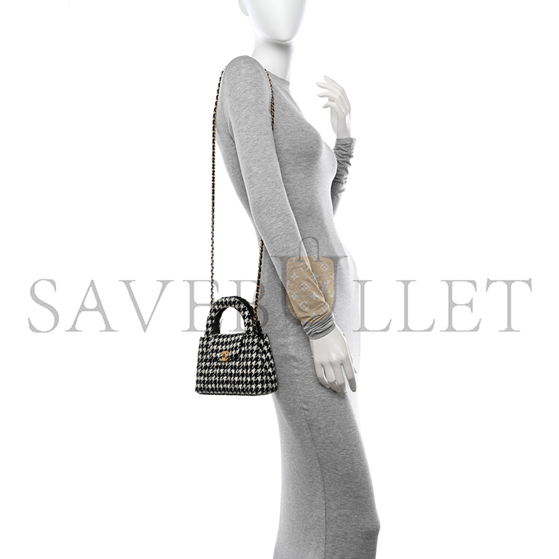 CHANEL MASTER TWEED HOUNDSTOOTH QUILTED NANO KELLY SHOPPER BLACK WHITE AS4416 (19*13*7cm)